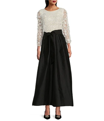 Pisarro Nights Beaded Mesh Crew Neck 3/4 Illusion Sleeve Bow Belt Taffeta Ball Gown