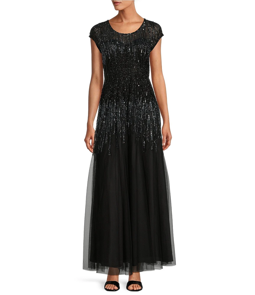 Pisarro Nights Beaded Mesh Ombre Crew Neck Short Flutter Sleeves A-Line Gown