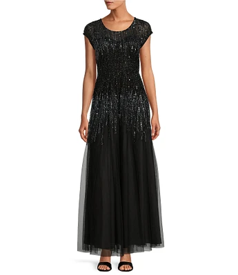 Pisarro Nights Beaded Mesh Ombre Crew Neck Short Flutter Sleeves A-Line Gown