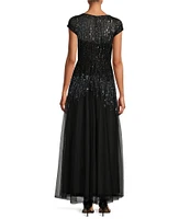 Pisarro Nights Beaded Mesh Ombre Crew Neck Short Flutter Sleeves A-Line Gown