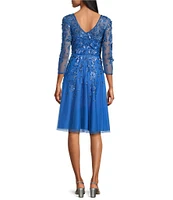 Pisarro Nights Beaded Mesh V-Neck 3/4 Sleeve A-Line Midi Dress
