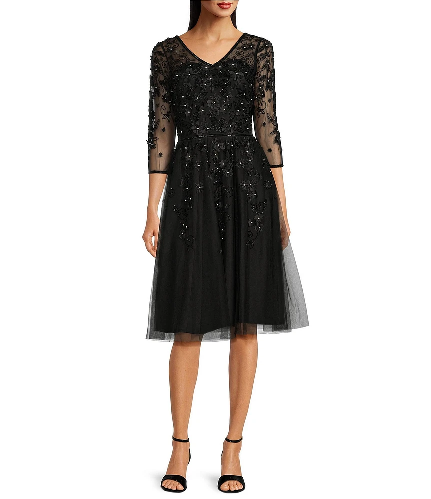 Pisarro Nights Beaded Mesh V-Neck 3/4 Sleeve A-Line Midi Dress