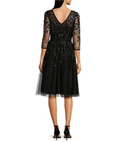 Pisarro Nights Beaded Mesh V-Neck 3/4 Sleeve A-Line Midi Dress