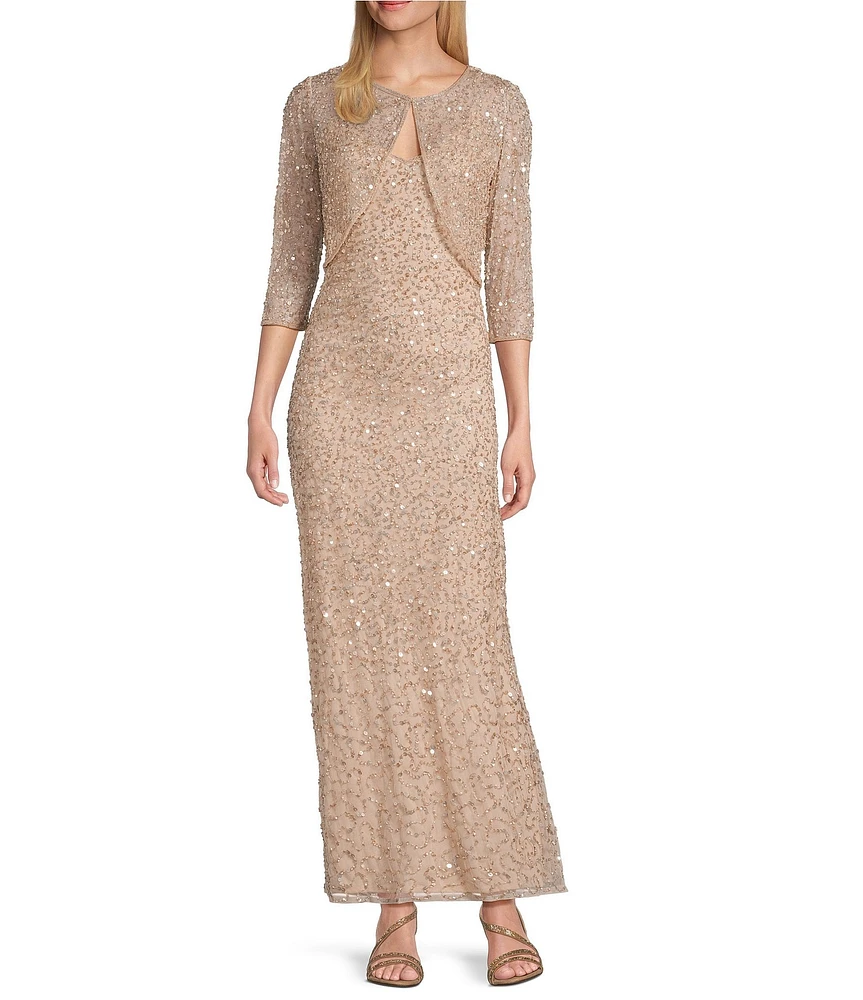 Pisarro Nights Beaded Mesh V-Neck 3/4 Sleeves A-Line 2-Piece Jacket Dress