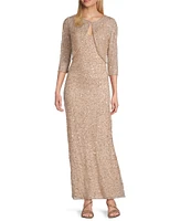 Pisarro Nights Beaded Mesh V-Neck 3/4 Sleeves A-Line 2-Piece Jacket Dress