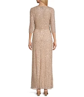 Pisarro Nights Beaded Mesh V-Neck 3/4 Sleeves A-Line 2-Piece Jacket Dress