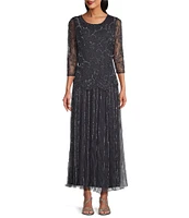 Pisarro Nights Intricate Beaded 3/4 Illusion Sleeve Round Neck A-Line Chiffon Skirted Dress