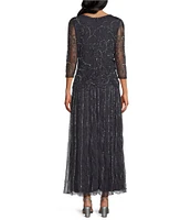 Pisarro Nights Intricate Beaded 3/4 Illusion Sleeve Round Neck A-Line Chiffon Skirted Dress