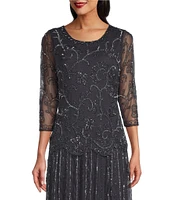 Pisarro Nights Intricate Beaded 3/4 Illusion Sleeve Round Neck A-Line Chiffon Skirted Dress