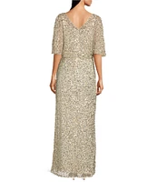 Pisarro Nights Beaded V-Neck Caplet Sleeve Blouson Gown