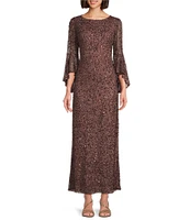 Pisarro Nights Cowl Back 3/4 Bell Sleeve Bead Sequin Column Gown