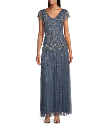 Pisarro Nights Double V-Neck Short Sleeve Bead Drop Waist Mesh A-Line Gown