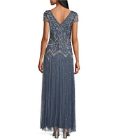 Pisarro Nights Double V-Neck Short Sleeve Bead Drop Waist Mesh A-Line Gown