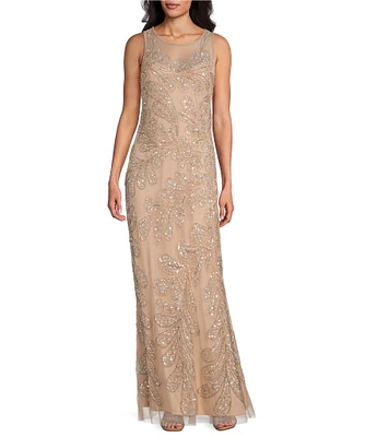 Pisarro Nights Mesh Beaded Floral Print Crew Neck Sleeveless Sheath Gown