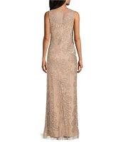 Pisarro Nights Mesh Beaded Floral Print Crew Neck Sleeveless Sheath Gown