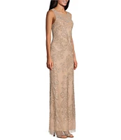 Pisarro Nights Mesh Beaded Floral Print Crew Neck Sleeveless Sheath Gown