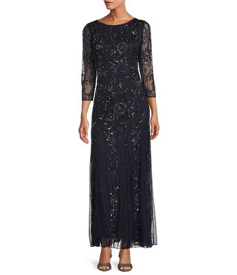 Pisarro Nights Petite Size 3/4 Sleeve Boat Neck Beaded A-Line Dress