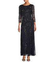 Pisarro Nights Petite Size 3/4 Sleeve Boat Neck Beaded A-Line Dress