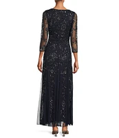 Pisarro Nights Petite Size 3/4 Sleeve Boat Neck Beaded A-Line Dress