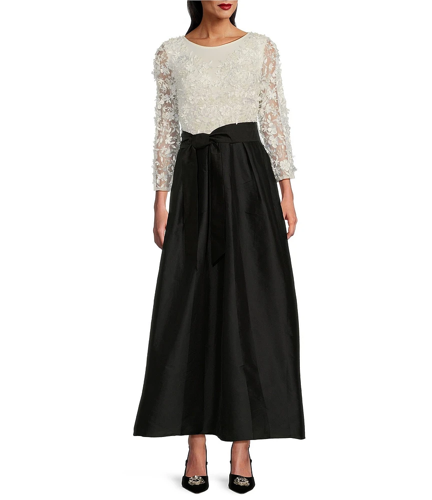 Pisarro Nights Petite Size 3D Floral Beaded Crew Neck 3/4 Sleeve Taffeta Skirt with Tie Sash Ball Gown