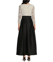 Pisarro Nights Petite Size 3D Floral Beaded Crew Neck 3/4 Sleeve Taffeta Skirt with Tie Sash Ball Gown