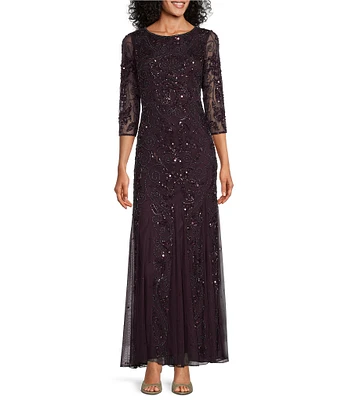 Pisarro Nights Petite Size Beaded Mesh Illusion Crew Neck 3/4 Sheer Sleeve Godet Gown