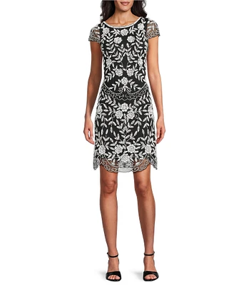Pisarro Nights Petite Size Boat Neck Cap Sleeve Floral Beaded Short Sheath Dress