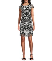 Pisarro Nights Petite Size Boat Neck Cap Sleeve Floral Beaded Short Sheath Dress