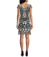 Pisarro Nights Petite Size Boat Neck Cap Sleeve Floral Beaded Short Sheath Dress