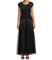 Pisarro Nights Petite Size Boat Neck Short Sleeve Beaded Gown