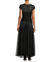 Pisarro Nights Petite Size Boat Neck Short Sleeve Beaded Gown