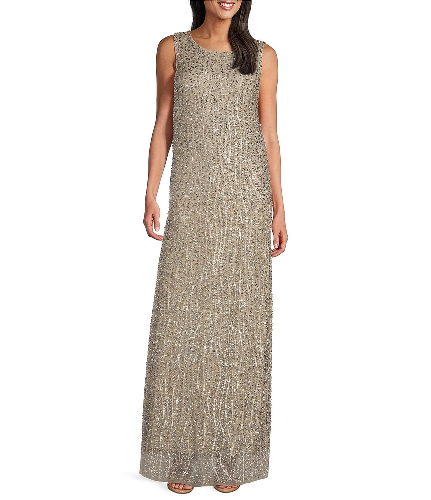 Pisarro Nights Petite Size Sequin Mesh Crew Neck Sleeveless Sheath Dress