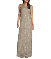 Pisarro Nights Petite Size Sequin Mesh Crew Neck Sleeveless Sheath Dress