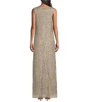 Pisarro Nights Petite Size Sequin Mesh Crew Neck Sleeveless Sheath Dress