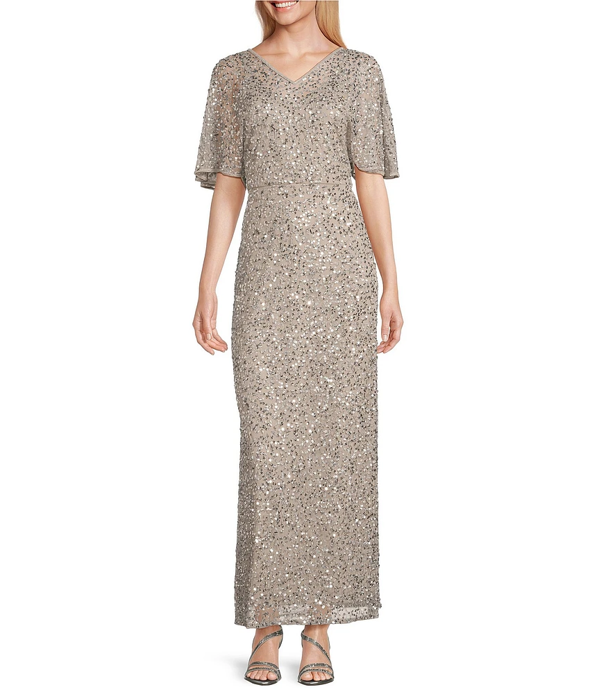 Pisarro Nights Petite Size Short Caplet Sleeve V-Neck Long Beaded Dress