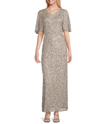 Pisarro Nights Petite Size Short Caplet Sleeve V-Neck Long Beaded Dress