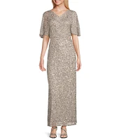 Pisarro Nights Petite Size Short Caplet Sleeve V-Neck Long Beaded Dress