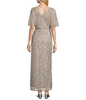 Pisarro Nights Petite Size Short Caplet Sleeve V-Neck Long Beaded Dress