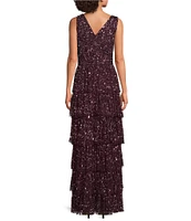 Pisarro Nights Petite Size Sleeveless V-Neck Beaded Tiered Dress