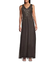 Pisarro Nights Petite Size V-Neck Sleeveless Beaded A-Line Dress