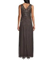 Pisarro Nights Petite Size V-Neck Sleeveless Beaded A-Line Dress