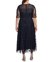 Pisarro Nights Plus Size 3D Floral Beaded 3/4 Sleeve Illusion Crew Neck Dress