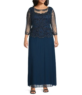 Pisarro Nights Plus Size Beaded Bodice Illusion Boat Neck 3/4 Sleeve A-Line Gown