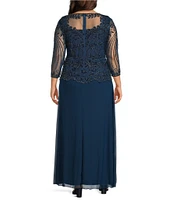 Pisarro Nights Plus Size Beaded Bodice Illusion Boat Neck 3/4 Sleeve A-Line Gown