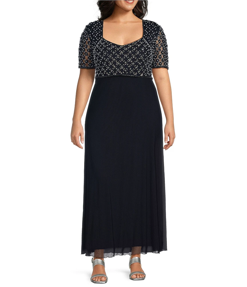 Pisarro Nights Plus Size Beaded Bodice V-Neck Short Sleeve Sheath Gown