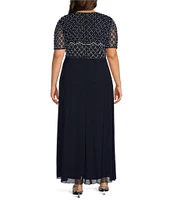 Pisarro Nights Plus Size Beaded Bodice V-Neck Short Sleeve Sheath Gown