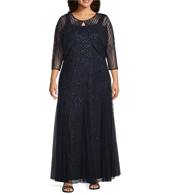 Pisarro Nights Plus Size Beaded Mesh Square Neck 2-Piece Long Jacket Dress