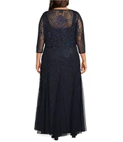 Pisarro Nights Plus Size Beaded Mesh Square Neck 2-Piece Long Jacket Dress