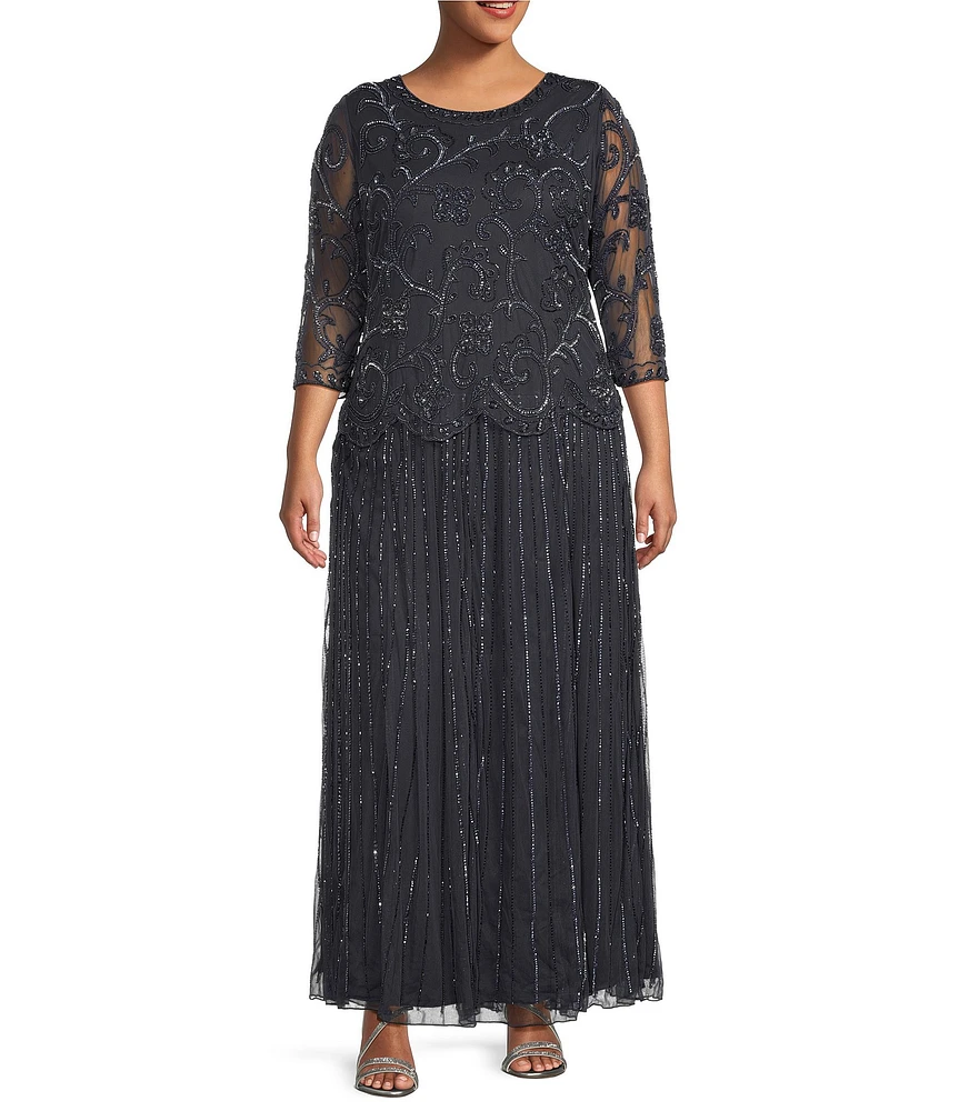 Pisarro Nights Plus Size Scoop Neck 3/4 Sleeve Beaded Dress