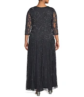 Pisarro Nights Plus Size Scoop Neck 3/4 Sleeve Beaded Dress